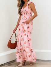 Load image into Gallery viewer, Floral V Neck Smocked High Waist Ruffle Hem Long Dress
