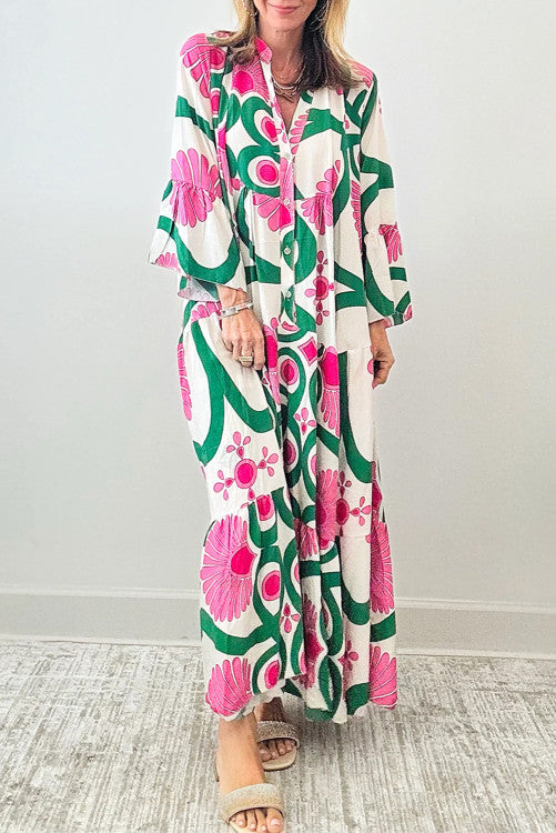 Boho Floral Printed Long Sleeve Buttoned Loose Maxi Dress