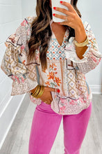 Load image into Gallery viewer, Boho Floral Patched Ruffled Sleeve Tied Neck Blouse
