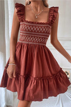 Load image into Gallery viewer, Sandalwood Geometric Stitch Shirred Bodice Ruffled Trim Sleeveless Mini Dress
