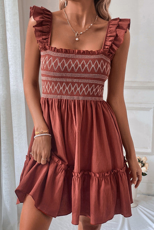 Sandalwood Geometric Stitch Shirred Bodice Ruffled Trim Sleeveless Mini Dress