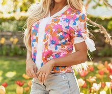 Load image into Gallery viewer, Floral Colorblock Striped Edge V Neck Knotted Short Sleeve Blouse

