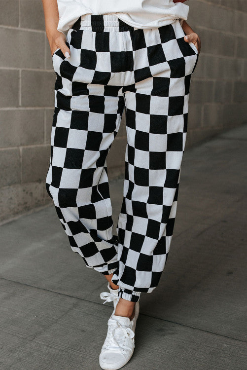 Checkerboard Elastic Waist Pocketed Joggers