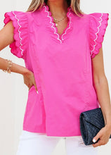 Load image into Gallery viewer, Pink Contrast Scallop Trim Layered Short Sleeve V Neck Blouse
