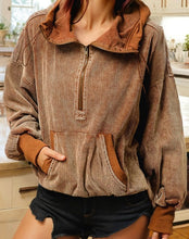 Load image into Gallery viewer, Chestnut Half Zipper Kangaroo Pocket Drawstring Corduroy Hoodie
