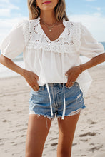 Load image into Gallery viewer, Eyelet Lace Patchwork Tie Neck Puff Short Sleeve Blouse
