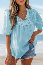Load image into Gallery viewer, Eyelet Lace Patchwork Tie Neck Puff Short Sleeve Blouse
