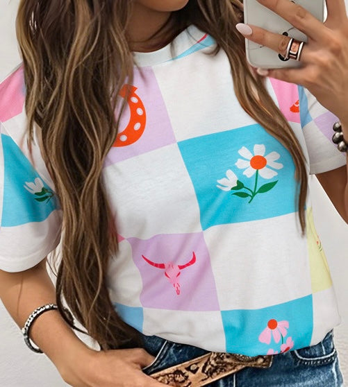 Western Fashion Checker Print Crewneck T Shirt