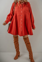 Load image into Gallery viewer, Red Bishop Sleeve Button Up Pleated Mini Shirt Dress
