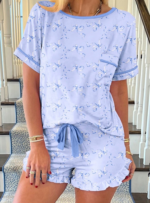 Blue Bow Printed Ruffled Short Lounge Set