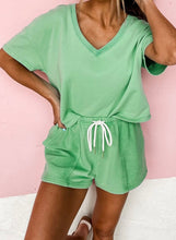 Load image into Gallery viewer, V Neck Drop Shoulder Tee and Patchwork Drawstring Shorts Set
