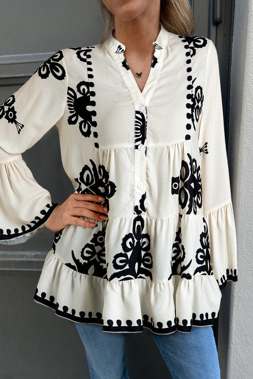 Abstract Printed Bell Sleeve Buttoned Tiered Babydoll Blouse