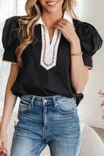Load image into Gallery viewer, Ricrac Trim Color Block Patchwork Shirt Collar Short Sleeve Blouse
