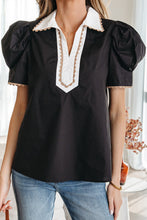 Load image into Gallery viewer, Ricrac Trim Color Block Patchwork Shirt Collar Short Sleeve Blouse
