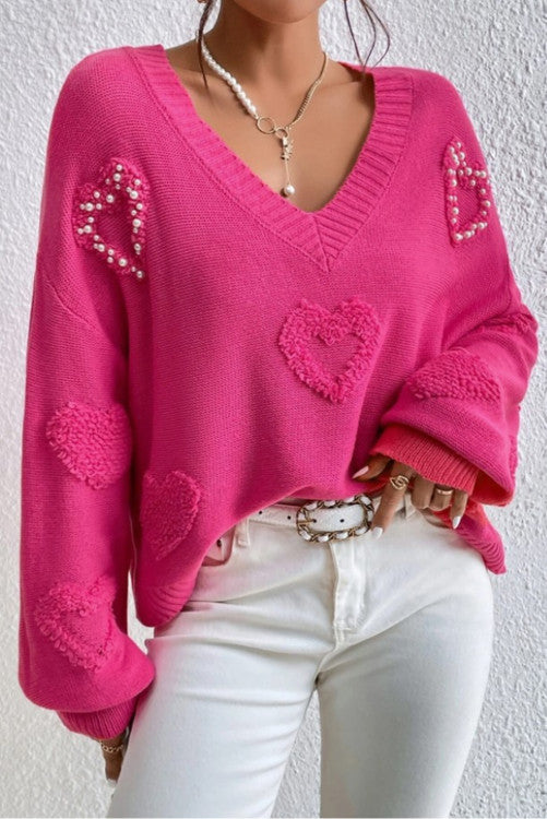 Pearl Embellished Fuzzy Hearts V Neck Sweater