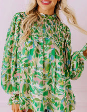 Load image into Gallery viewer, Leafy Printed Flounce Sleeve Shirred Mock Neck Blouse
