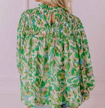 Load image into Gallery viewer, Leafy Printed Flounce Sleeve Shirred Mock Neck Blouse
