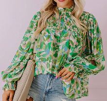 Load image into Gallery viewer, Leafy Printed Flounce Sleeve Shirred Mock Neck Blouse
