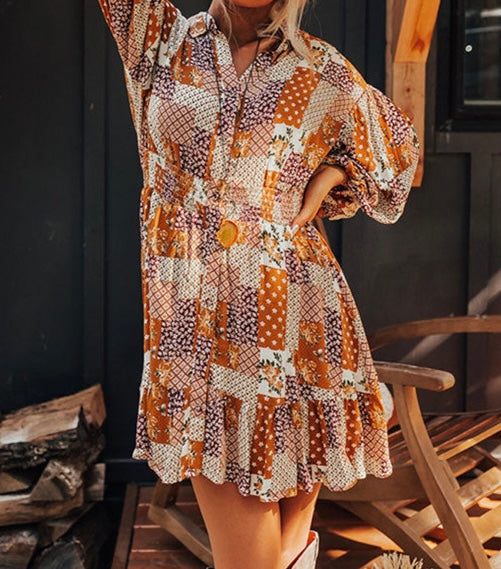 Boho Floral Puff Sleeve Smocked Waist Mini Shirt Dress