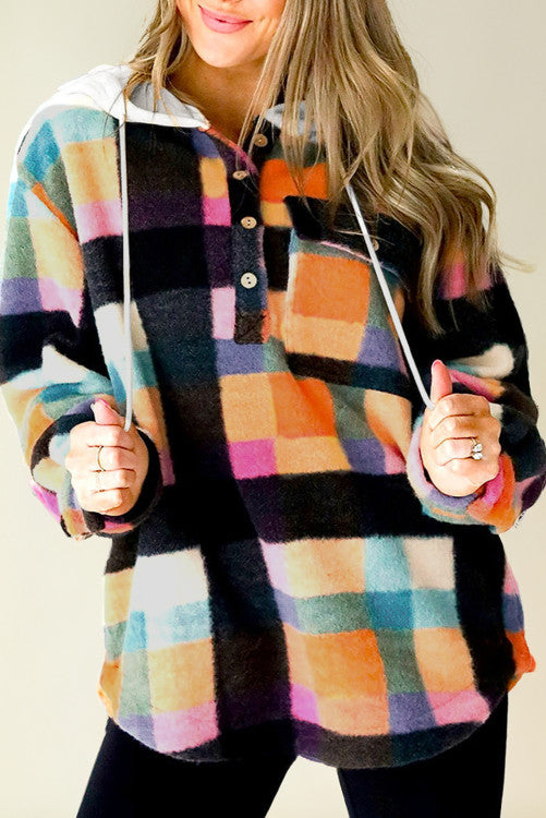 Plaid Color Block Flap Pocket Buttoned Hoodie