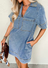 Load image into Gallery viewer, Beau Blue Short Sleeve Collared Patched Pocket Denim Mini Dress
