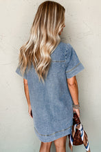 Load image into Gallery viewer, Beau Blue Short Sleeve Collared Patched Pocket Denim Mini Dress
