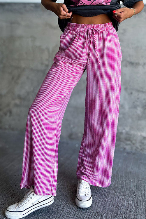 Plaid Print Drawstring High Waist Wide Leg Casual Pants