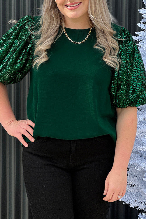 Green Plus Size Sequin Short Puff Sleeve Top