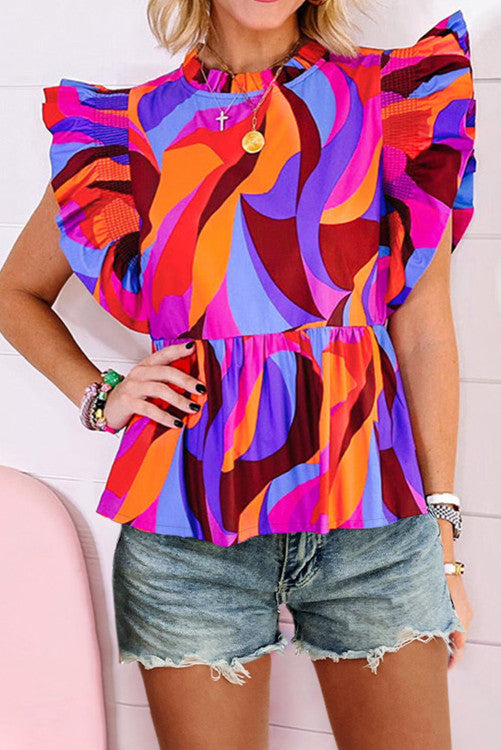 INSTOCK Abstract ruffled sleeve peplum top