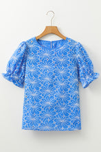 Load image into Gallery viewer, Eyelet Flower Embroidery Frilled Short Puff Sleeve Blouse
