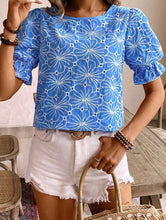Load image into Gallery viewer, Eyelet Flower Embroidery Frilled Short Puff Sleeve Blouse
