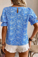 Load image into Gallery viewer, Eyelet Flower Embroidery Frilled Short Puff Sleeve Blouse
