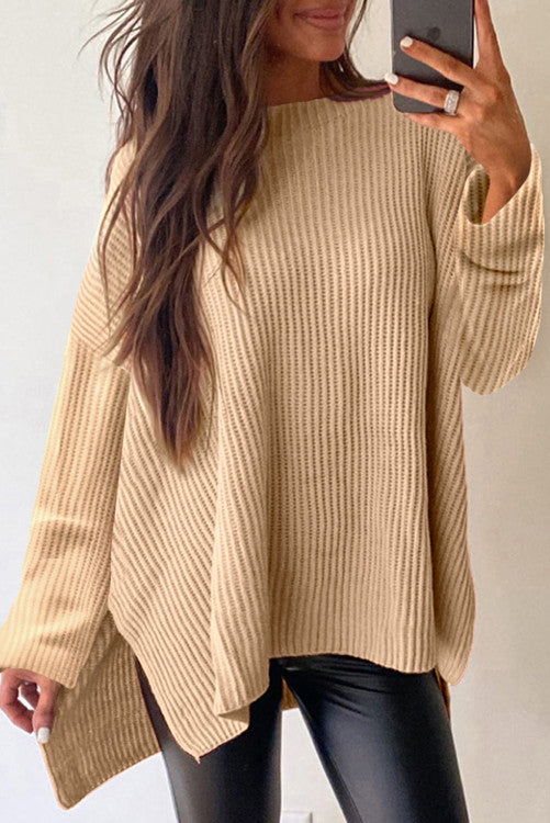 Cable Knit Drop Shoulder Side Slits Loose Sweater