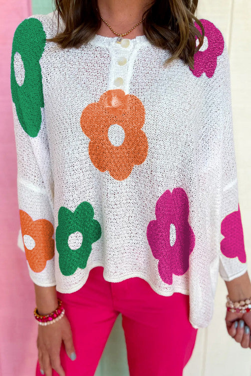 Floral Print Buttoned Loose Lightweight Sweater