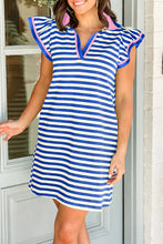 Load image into Gallery viewer, Stripe Print Contrast Collar Split Neck Flutter Sleeve Short Dress
