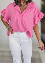 Load image into Gallery viewer, Pink Textured Ruffled Sleeve Collared V Neck Loose Fit Top
