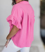 Load image into Gallery viewer, Pink Textured Ruffled Sleeve Collared V Neck Loose Fit Top
