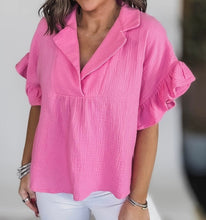 Load image into Gallery viewer, Pink Textured Ruffled Sleeve Collared V Neck Loose Fit Top
