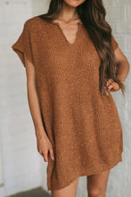 Load image into Gallery viewer, Camel Solid Color Short Sleeve Notched V Neck Sweater Dress
