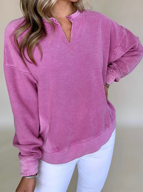 Notched Neck Drop Shoulder Sweatshirt