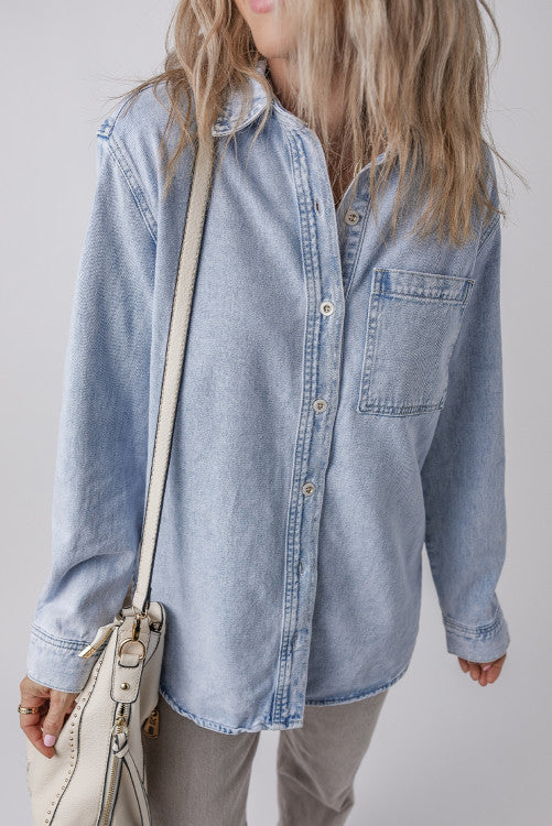 Long Sleeve Buttoned Chest Pocket Denim Shirt