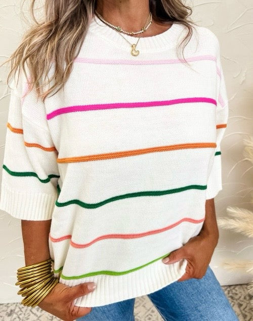 Colorblock Striped Half Sleeve Drop Shoulder Sweater