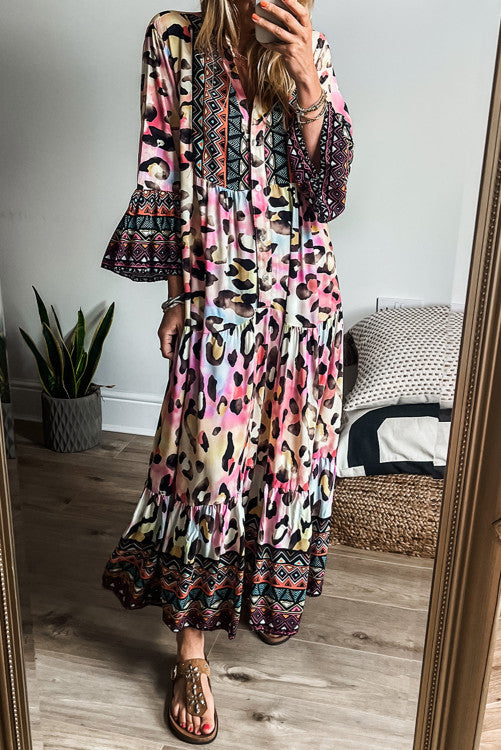 Leopard Printed 3/4 Sleeve Buttoned Front Tiered Maxi Dress