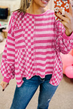 Load image into Gallery viewer, Checkerboard Striped Patchwork Lantern Sleeve Blouse
