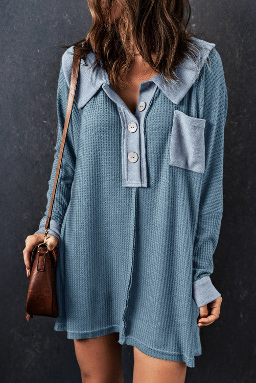 Waffle Knit Buttoned Long Sleeve Top