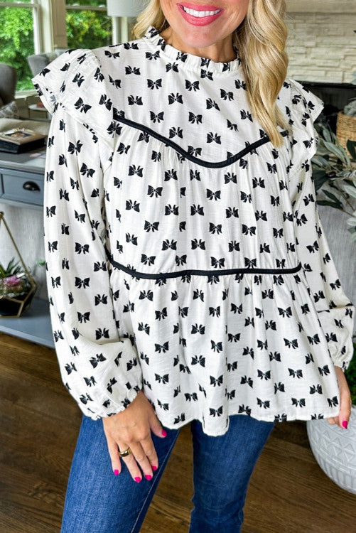 Bow Print Piping Trim Ruffled Blouse