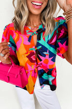 Load image into Gallery viewer, Abstract Floral Print Front Tied Puff Sleeve Babydoll Blouse
