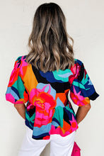 Load image into Gallery viewer, Abstract Floral Print Front Tied Puff Sleeve Babydoll Blouse
