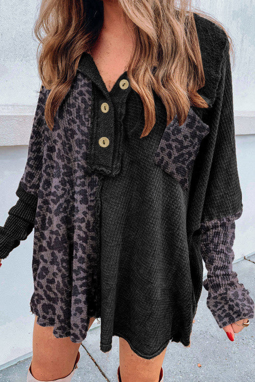 Black leopard waffle knit top