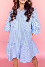 Load image into Gallery viewer, Blue Stripe Bubble Sleeve Chest Pockets Buttoned Shirt Dress
